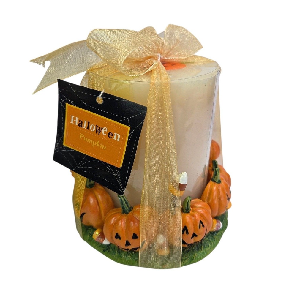 Halloween Pumpkin and Candy Corn Pillar Candle Holder Orange Green Autumn New